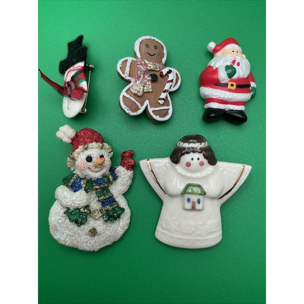 Lot of 5 Vintage Christmas Pins - 2 Snowmen, Angel, Santa, Gingerbread Cookie